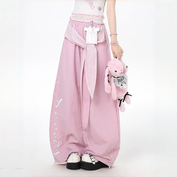 Kawaii Lace-Up Embroidered Barrel Pants