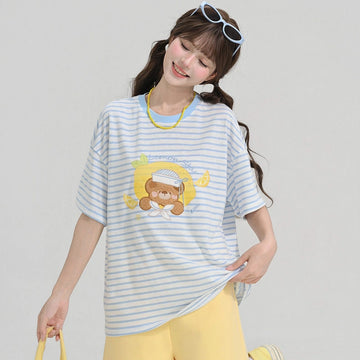 Kawaii Lemon Bear Striped Oversized T-Shirt
