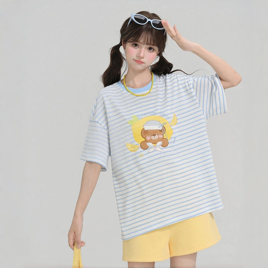 Kawaii Lemon Bear Striped Oversized T-Shirt