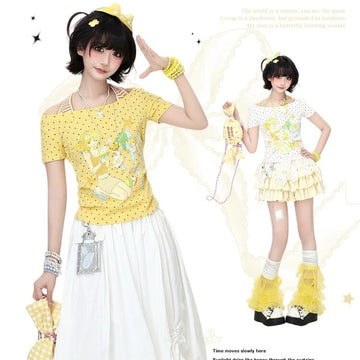 Kawaii Lemon Yellow Polka Dot Layered T-Shirt