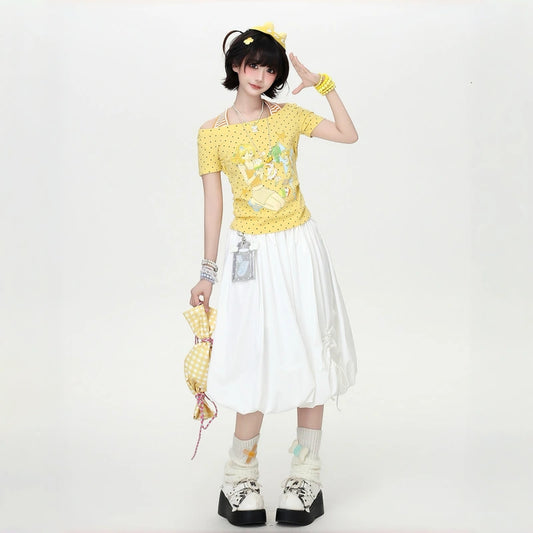 Kawaii Lemon Yellow Polka Dot Layered T-Shirt
