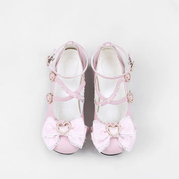 Kawaii Lolita Lace Bow Mary Jane Shoes with Pearl Heart Details