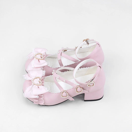 Kawaii Lolita Lace Bow Mary Jane Shoes with Pearl Heart Details