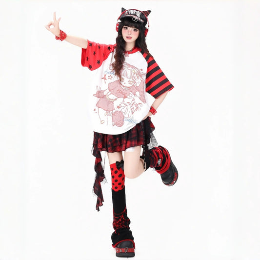Kawaii Manga Girl Striped Raglan Oversized T-Shirt