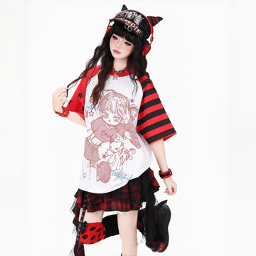 Kawaii Manga Girl Striped Raglan Oversized T-Shirt