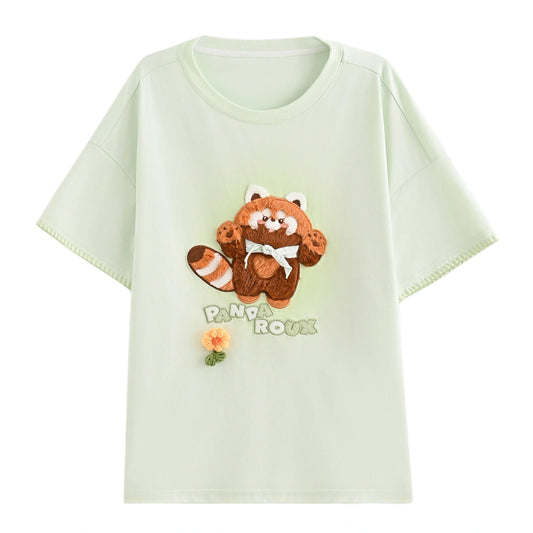 Kawaii Mint Green Panda Embroidered Loose T-Shirt