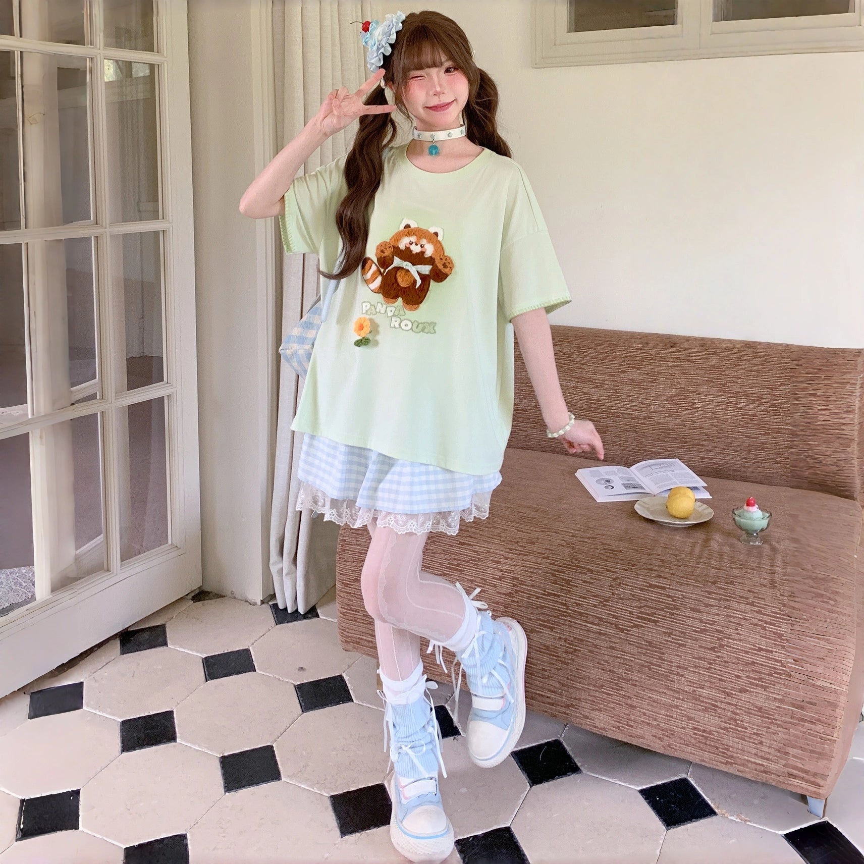 Kawaii Mint Green Panda Embroidered Loose T-Shirt