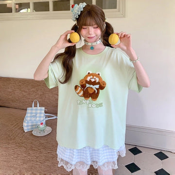 Kawaii Mint Green Panda Embroidered Loose T-Shirt