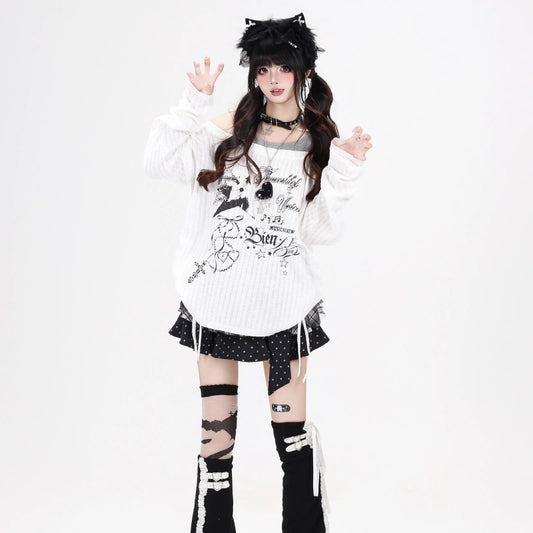Kawaii Off-Shoulder Faux Two-Piece Long Sleeve Top