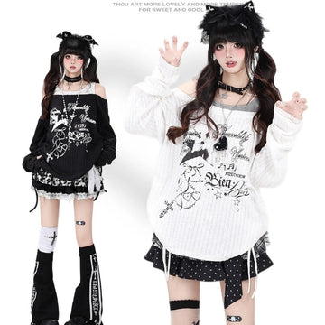 Kawaii Off-Shoulder Faux Two-Piece Long Sleeve Top