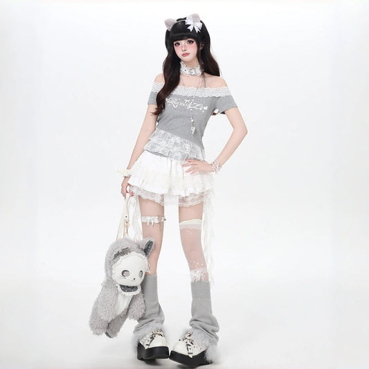 Kawaii Off-Shoulder Lace Trim T-Shirt