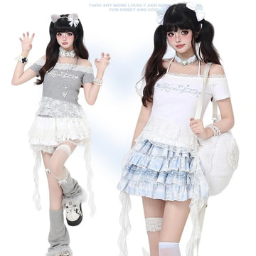 Kawaii Off-Shoulder Lace Trim T-Shirt