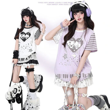 Kawaii Piano Cat Graphic Striped Oversized T-Shirt