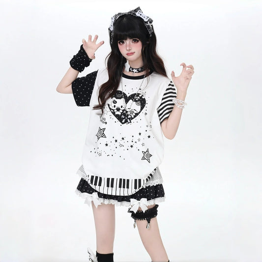 Kawaii Piano Cat Graphic Striped Oversized T-Shirt
