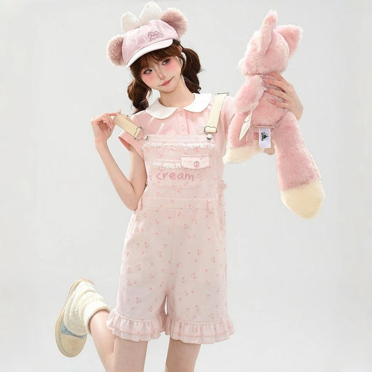 Kawaii Pink Floral Overall Shorts