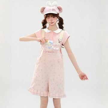 Kawaii Pink Floral Overall Shorts