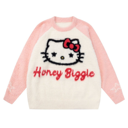 Kawaii Pink Hello Kitty Embroidered Round Neck Sweater