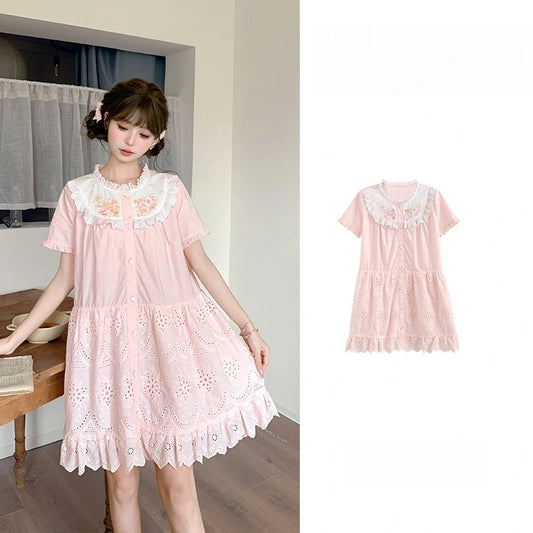 Kawaii Pink Lace Embroidered Cotton Dress