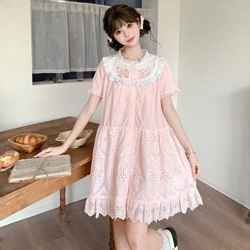 Kawaii Pink Lace Embroidered Cotton Dress