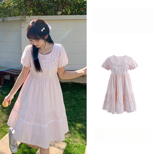 Kawaii Pink Lace Puff Sleeve A-Line Dress