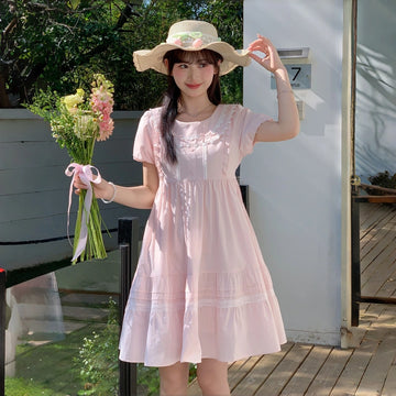 Kawaii Pink Lace Puff Sleeve A-Line Dress