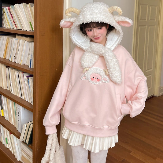 Kawaii Pink Lamb Embroidery Sweatshirt