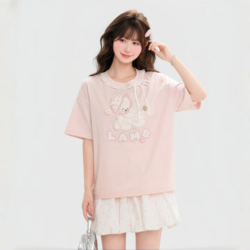 Kawaii Pink Lamb Lace Bow Loose T-Shirt