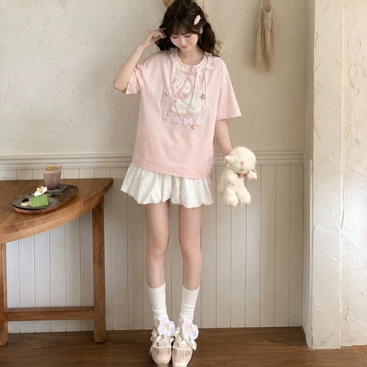 Kawaii Pink Lamb Lace Bow Loose T-Shirt