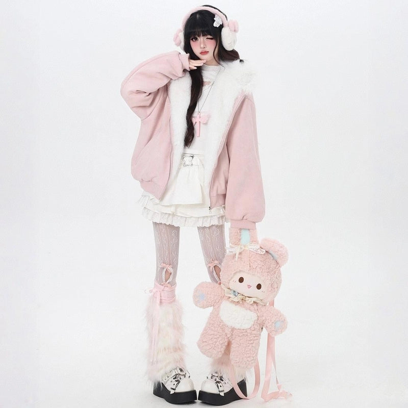Kawaii Pink Plush Bunny Ear Hooded Cotton Coat