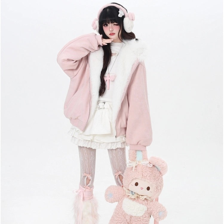 Kawaii Pink Plush Bunny Ear Hooded Cotton Coat