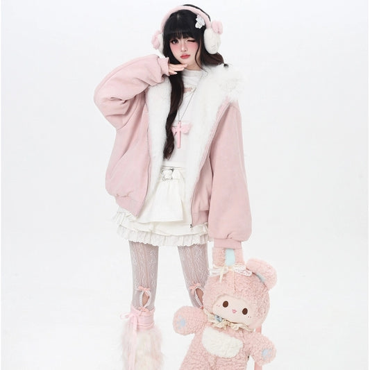 Kawaii Pink Plush Bunny Ear Hooded Cotton Coat