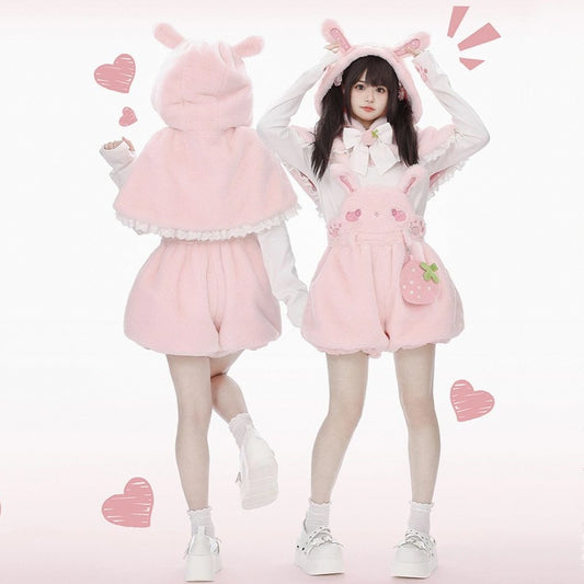 Kawaii Pink Plush Strawberry Bunny Overalls