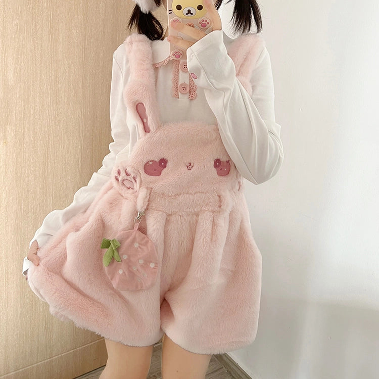 Kawaii Pink Plush Strawberry Bunny Overalls