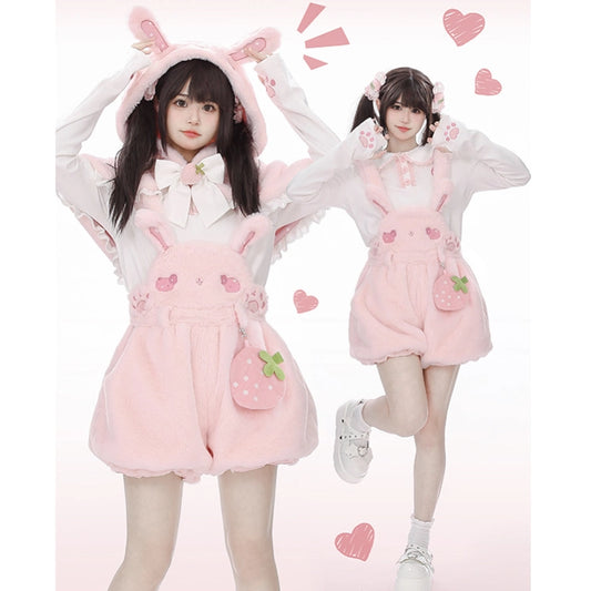 Kawaii Pink Plush Strawberry Bunny Overalls