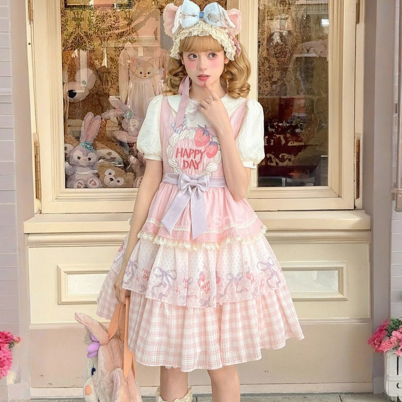 Kawaii Pink Strawberry Cake Light Print Lolita Dress