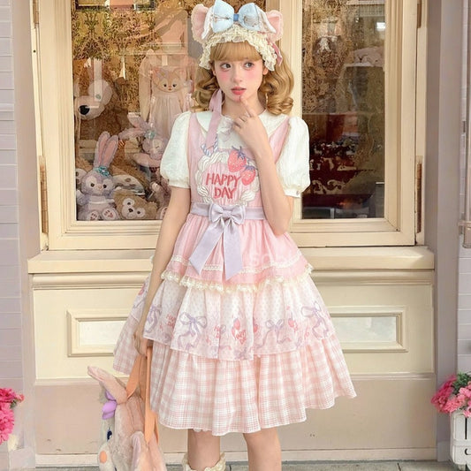 Kawaii Pink Strawberry Cake Light Print Lolita Dress