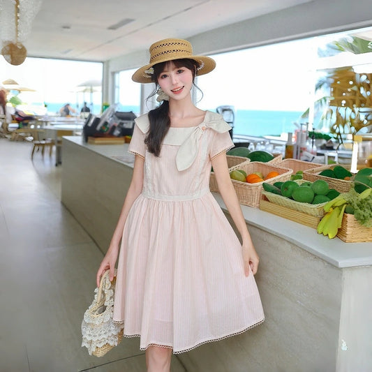 Kawaii Pink Stripe Lace Collar Dress