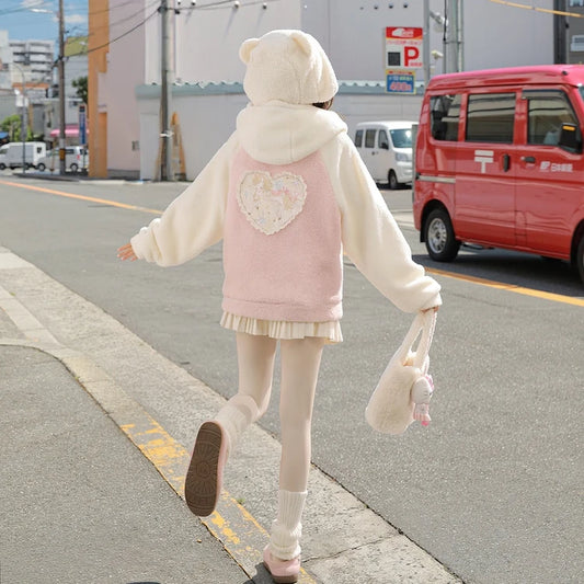 Kawaii Pink Unicorn Embroidered Fleece Hooded Sweatshirt