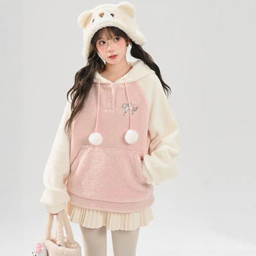 Kawaii Pink Unicorn Embroidered Fleece Hooded Sweatshirt