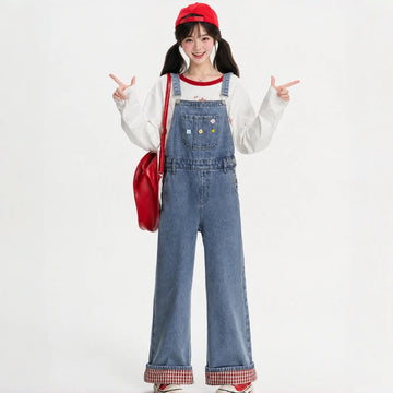 Kawaii Plaid Cuff Denim Overalls