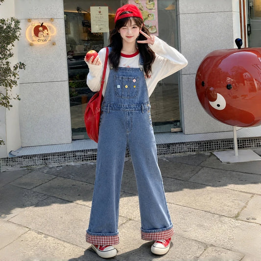 Kawaii Plaid Cuff Denim Overalls