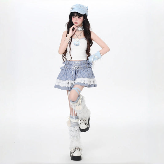 Kawaii Plaid Lace-Up Tiered A-Line Skirt