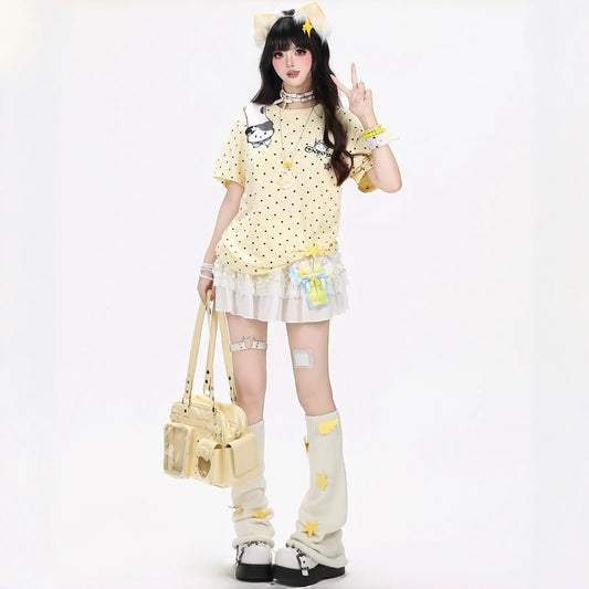 Kawaii Plush Cat Polka Dot Oversized T-Shirt