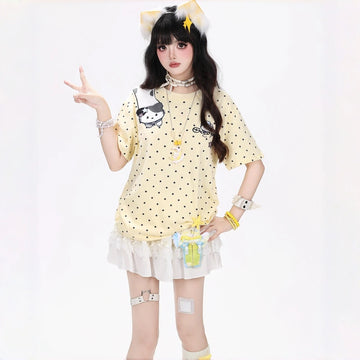 Kawaii Plush Cat Polka Dot Oversized T-Shirt