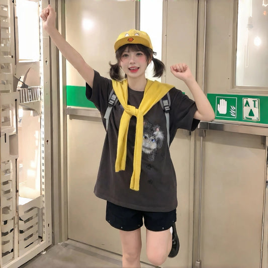 Kawaii Plush Wolf Graphic Oversized T-Shirt