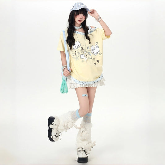 Kawaii Polka Dot Off-Shoulder T-Shirt