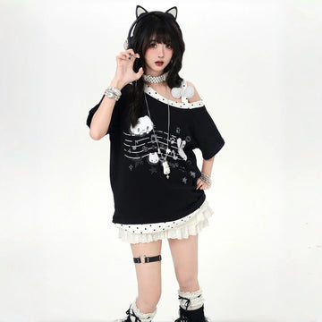 Kawaii Polka Dot Off-Shoulder T-Shirt
