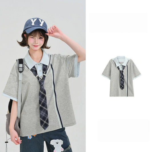 Kawaii Preppy Faux Two-Piece Polo T-Shirt with Plaid Tie