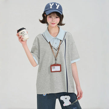 Kawaii Preppy Faux Two-Piece Polo T-Shirt with Plaid Tie