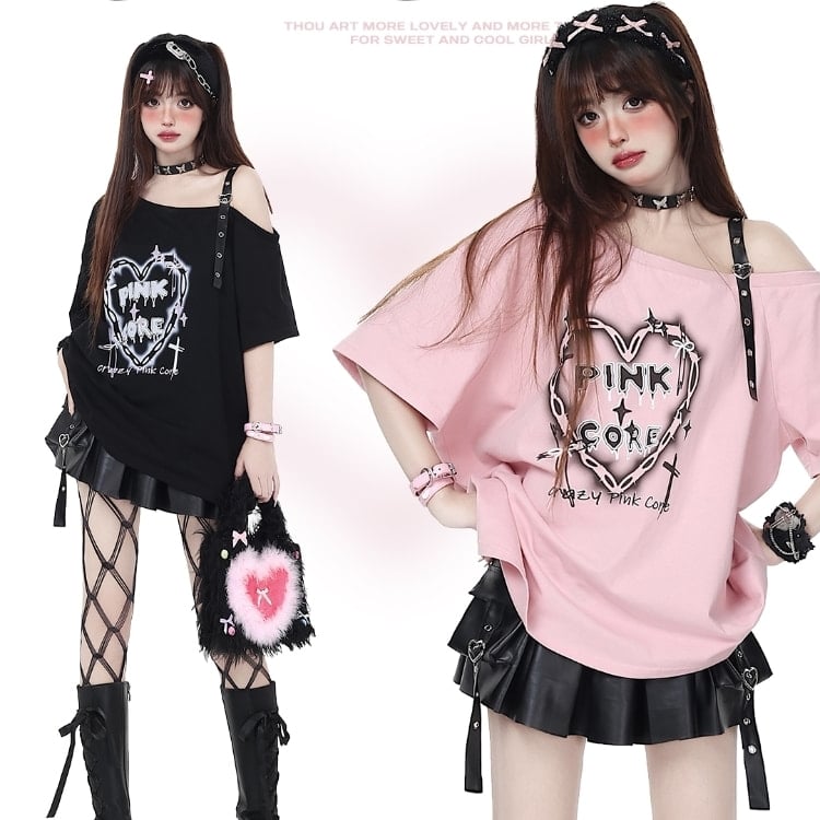 Kawaii Punk Girl Style Leather Button Off-shoulder Loose T-shirt